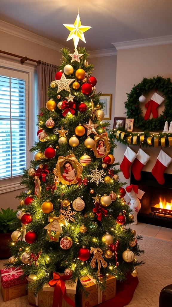 A festive Christmas tree with lights and ornaments in a cozy living room.